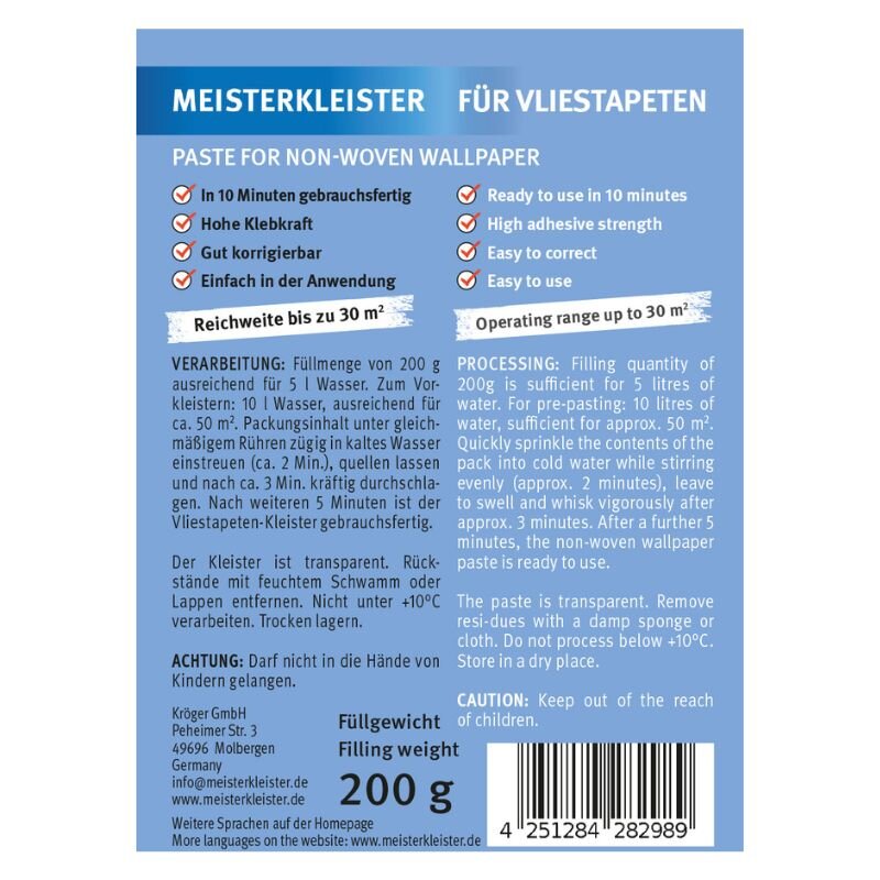 5 x 200 g Meisterkleister Instant Rollkleister für Vliestapeten für 150m² (1 kg)