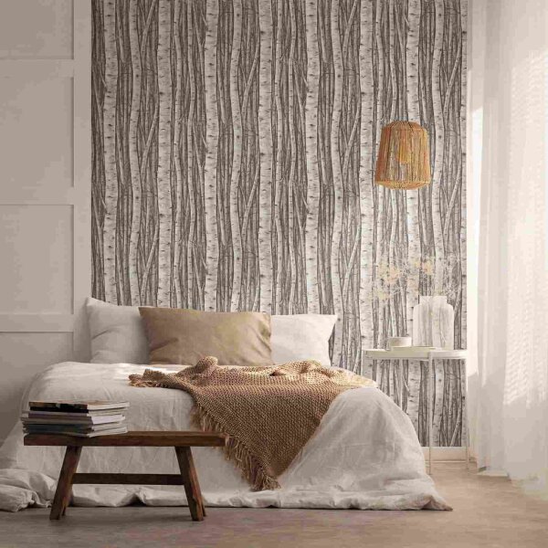 Vliestapete mit Wäldern und Buchenbäumen grau, braun Floral (35394)