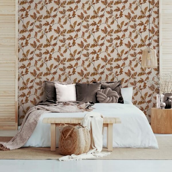 Vliestapete mit Blattmotiv mit Kastanien grau, braun Floral (35398)