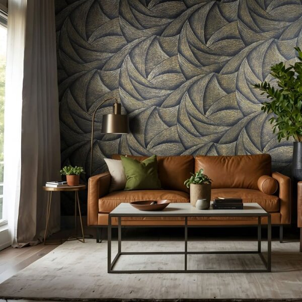 Vliestapete in Schwarz, Gold 3D-Optik Wellen Grafisch Modern für Wohnzimmer Schlafzimmer Küche (35506)