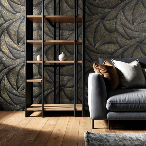 Vliestapete in Schwarz, Gold 3D-Optik Wellen Grafisch Modern für Wohnzimmer Schlafzimmer Küche (35506)