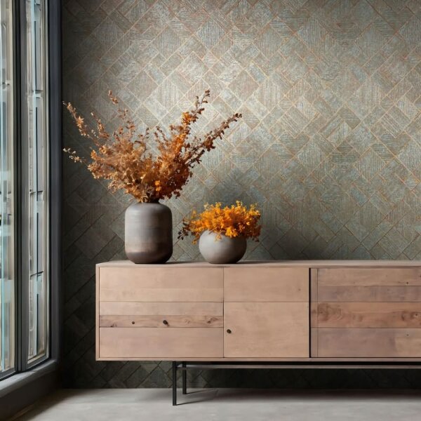 Vliestapete in Blau, Kupfer Karriert, Rautenmuster Grafisch Geometrisch für Wohnzimmer Schlafzimmer Küche (35512)