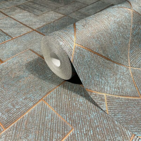 Vliestapete in Blau, Kupfer Karriert, Rautenmuster Grafisch Geometrisch für Wohnzimmer Schlafzimmer Küche (35512)