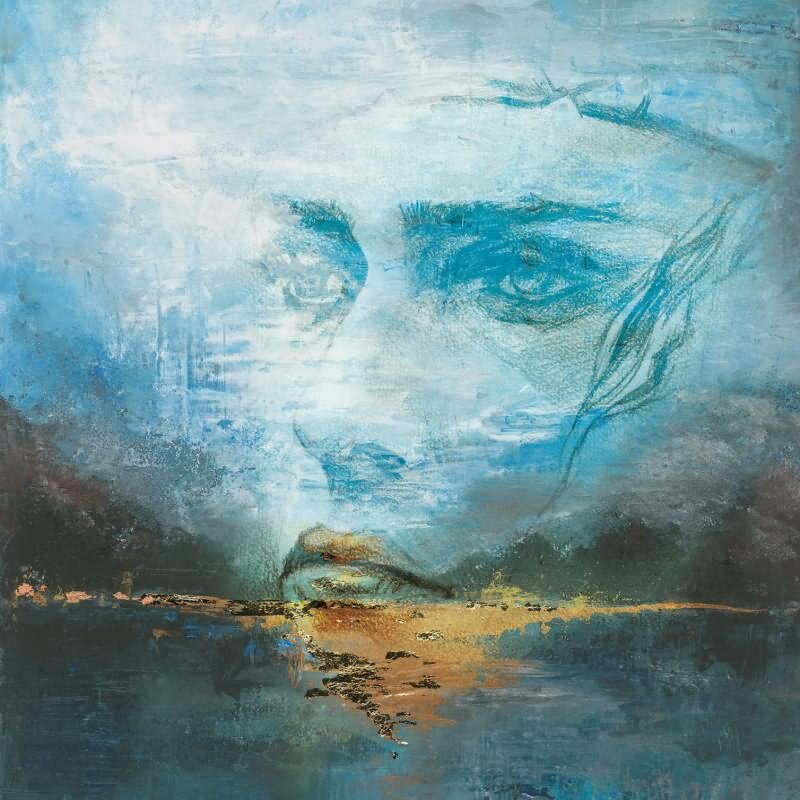 Fototapete in Blau mit abstraktem Gesicht Grafisch Natur für Wohnzimmer Schlafzimmer Küche (35497)