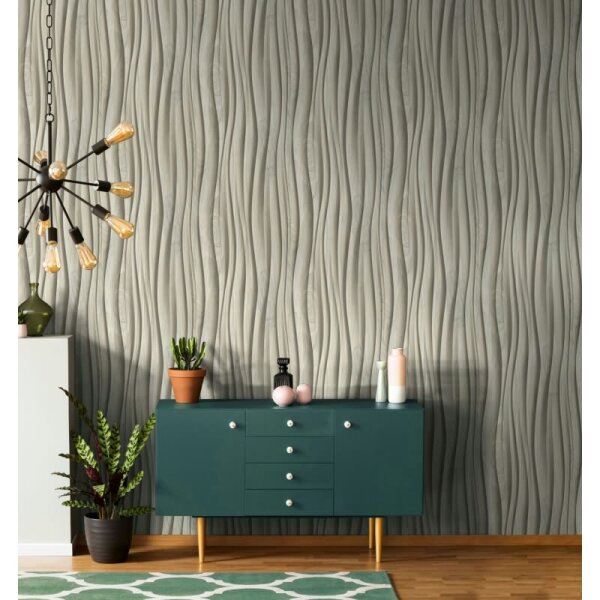 Vliestapete in beige 3D-Effekt Holzoptik Paneel Gewebestruktur Holz Modern (81666)