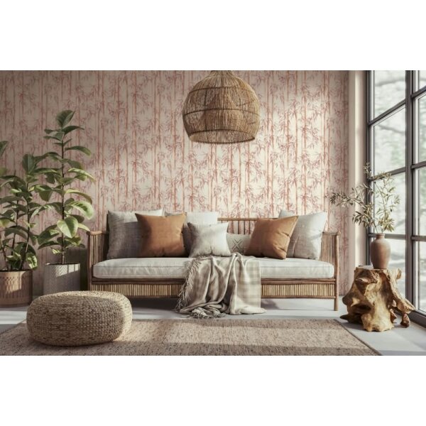 Vliestapete in beige, orange Bambus Blätter Floral Natur (81670)