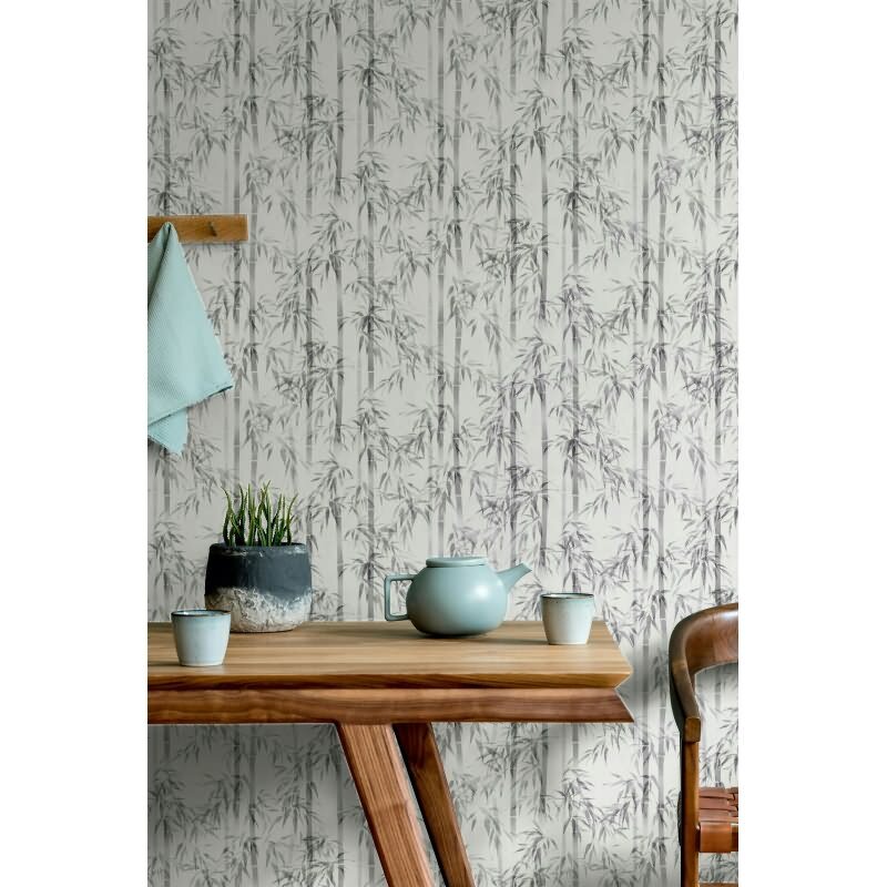 Vliestapete in weiß, grau Bambus Blätter Floral Natur (81673)