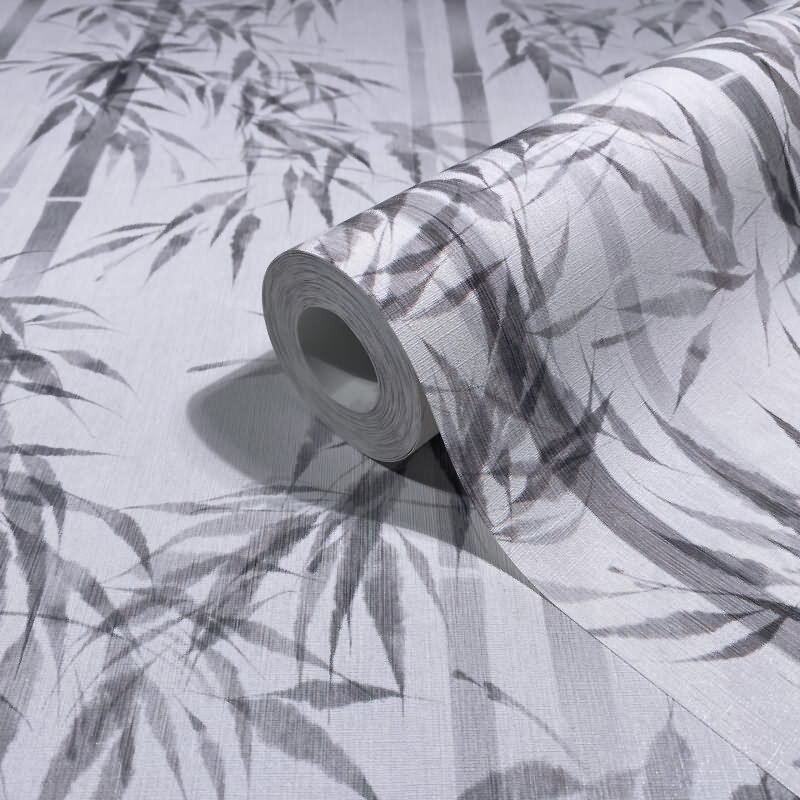 Vliestapete in weiß, grau Bambus Blätter Floral Natur (81673)