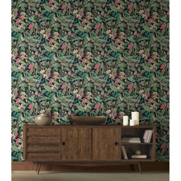 Vliestapete in schwarz, grün Blätter Blumen Floral Natur (81685)