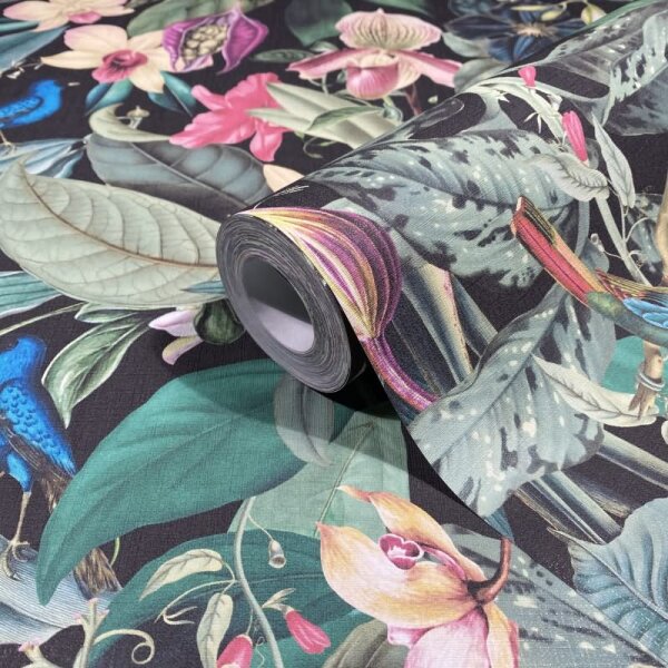 Vliestapete in schwarz, grün Blätter Blumen Floral Natur (81685)