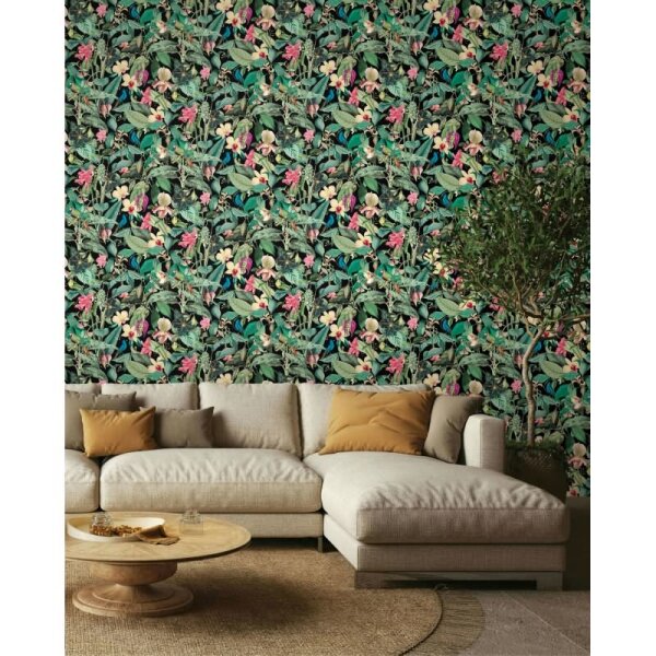 Vliestapete in schwarz, grün Blätter Blumen Floral Natur (81685)