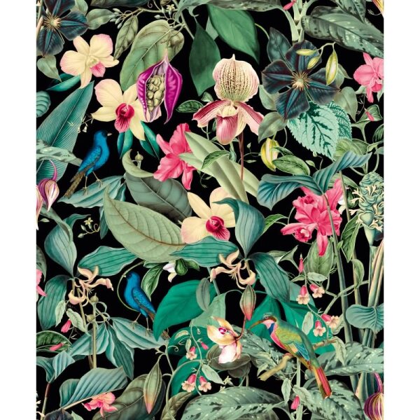 Vliestapete in schwarz, grün Blätter Blumen Floral Natur (81685)