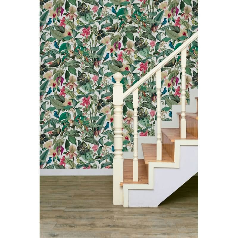 Vliestapete in weiß, grün Blätter Blumen Floral Natur (81686)