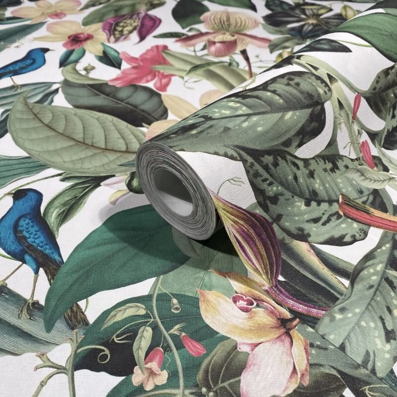 Vliestapete in weiß, grün Blätter Blumen Floral Natur (81686)