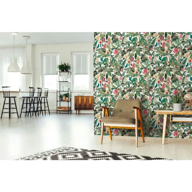 Vliestapete in weiß, grün Blätter Blumen Floral Natur (81686)