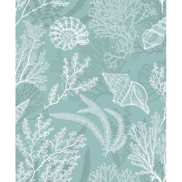 Vliestapete in weiß, grün Muscheln Unterwasser Grafisch Natur (81688)