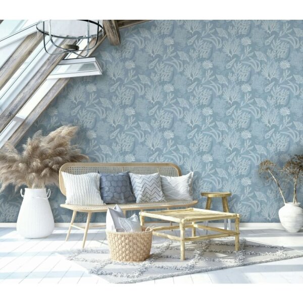 Vliestapete in weiß, blau Muscheln Unterwasser Grafisch Natur (81689)