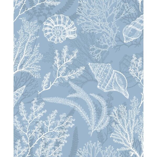 Vliestapete in weiß, blau Muscheln Unterwasser Grafisch Natur (81689)