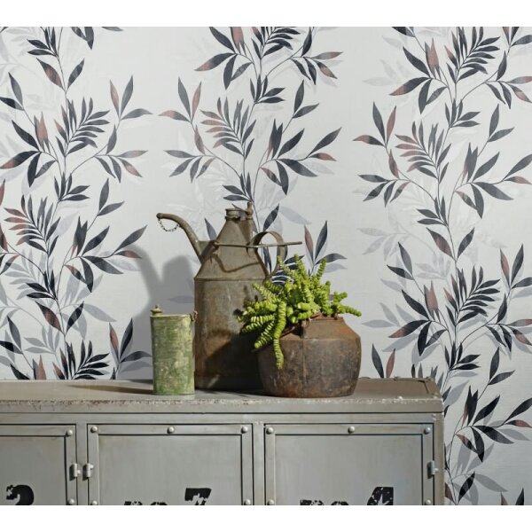 Vliestapete in weiß, schwarz Blattmotiv Blätteroptik Floral Natur (82458)