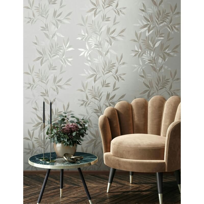 Vliestapete in weiß, beige Blattmotiv Blätteroptik Floral Natur (82459)