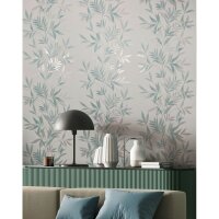 Vliestapete in wei&szlig;, gr&uuml;n Blattmotiv...