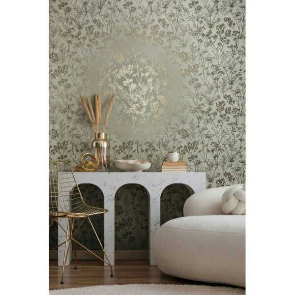 Vliestapete in grün, gold Blattmotiv Blätteroptik Floral Natur (82465)