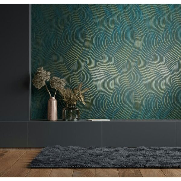 Vliestapete in grün, gold Wellenoptik Struktur Grafisch Modern (82477)