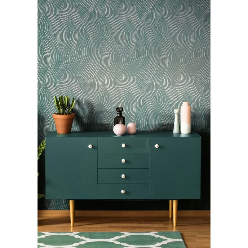 Vliestapete in grün, silber Wellenoptik Struktur Grafisch Modern (82478)