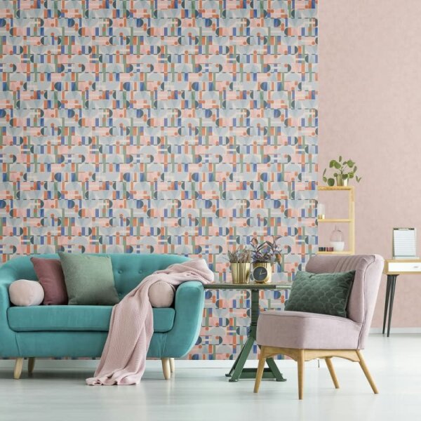 Vliestapete in Grün Blau Orange Moderne Formen Grafisch Geometrisch für Wohnzimmer Schlafzimmer Küche (81647)