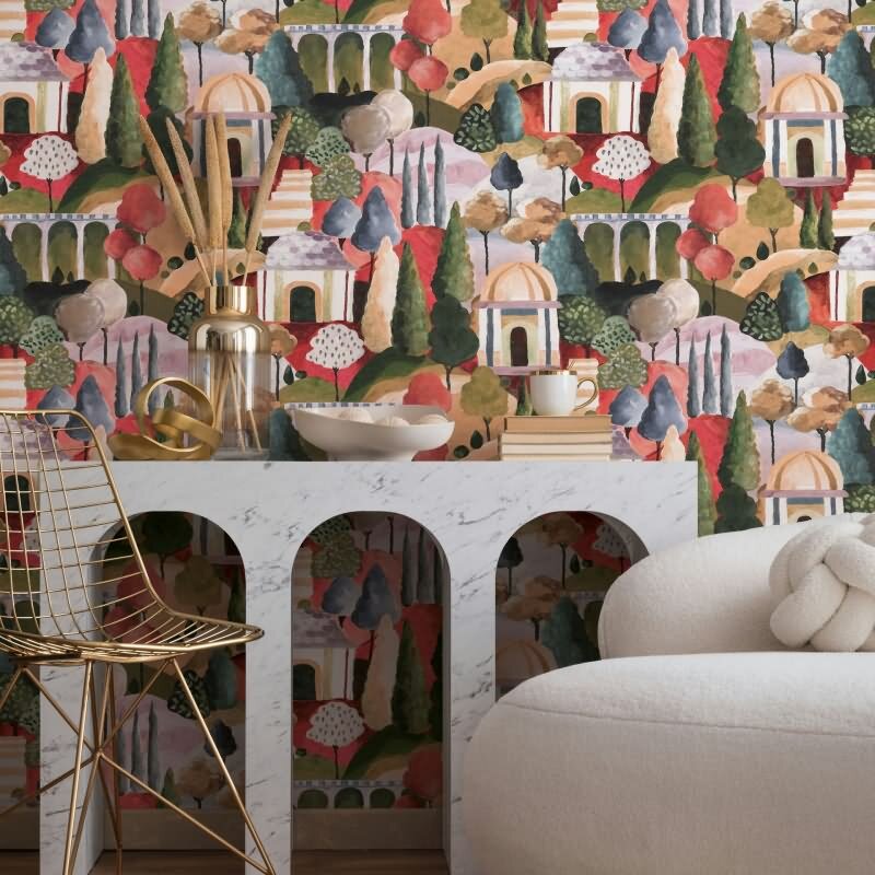 Vliestapete in Bunt Malerische Bäume Grafisch Modern für Wohnzimmer Schlafzimmer Küche (81662)