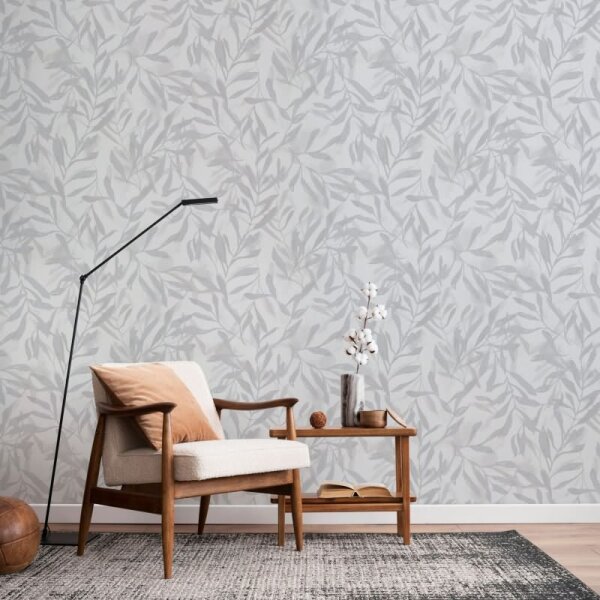 Vliestapete in Weiß Grau Blätter Blattoptik Vintage Floral Natur für Wohnzimmer Schlafzimmer Küche (82439)