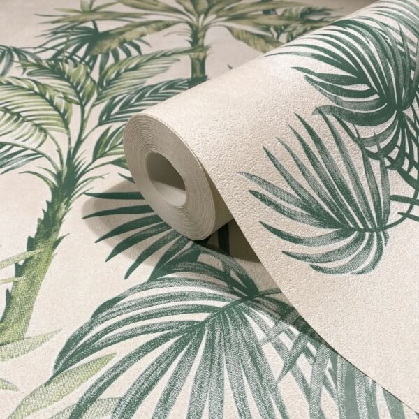 Vliestapete in Beige Grün Bäume Blätter Dschungel Floral Natur für Wohnzimmer Schlafzimmer Küche (82456)