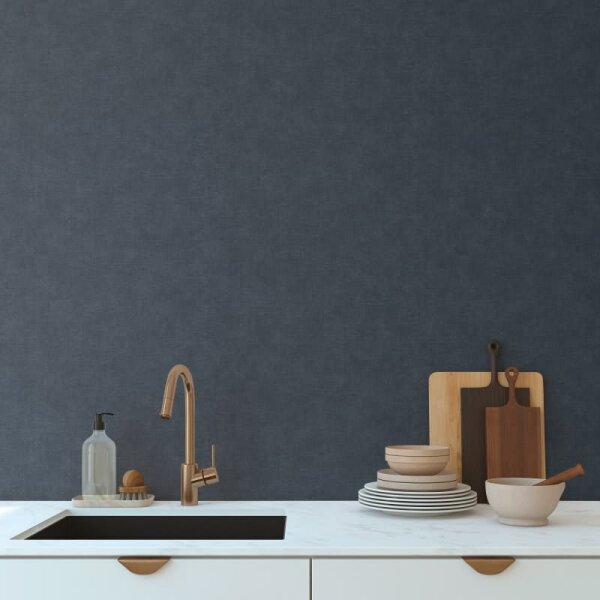 Vliestapete Dunkelblau Stoffoptik strukturiert Unitapete Leinenoptik (395672)