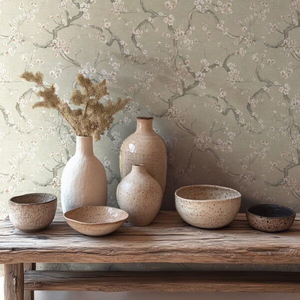 Blütenzweig Tapete floral Vintage Grün Weiß Rosa Vliestapete Kirschblüten (781991)