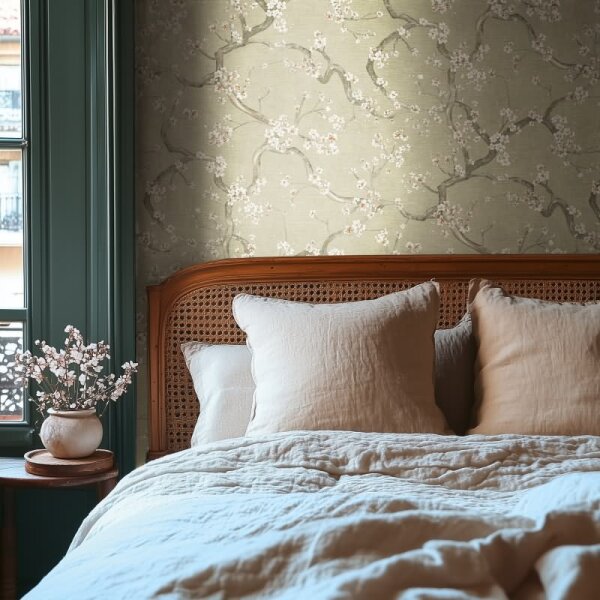 Blütenzweig Tapete floral Vintage Grün Weiß Rosa Vliestapete Kirschblüten (781991)