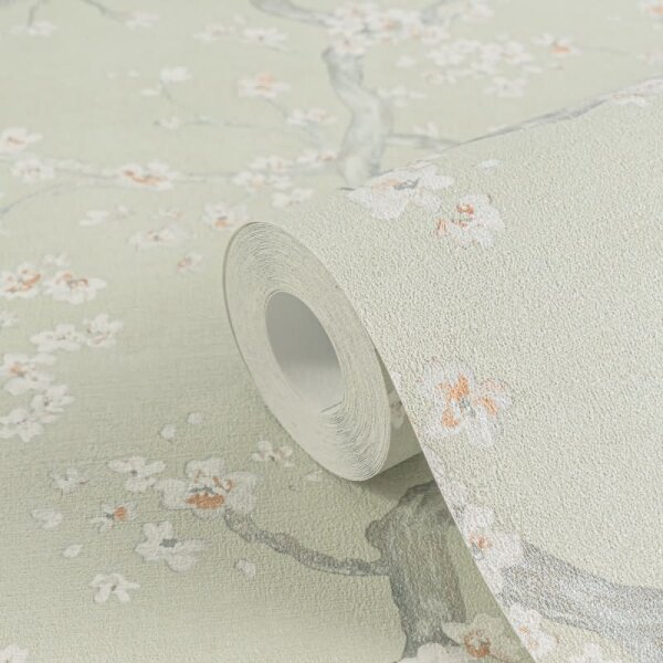 Blütenzweig Tapete floral Vintage Grün Weiß Rosa Vliestapete Kirschblüten (781991)
