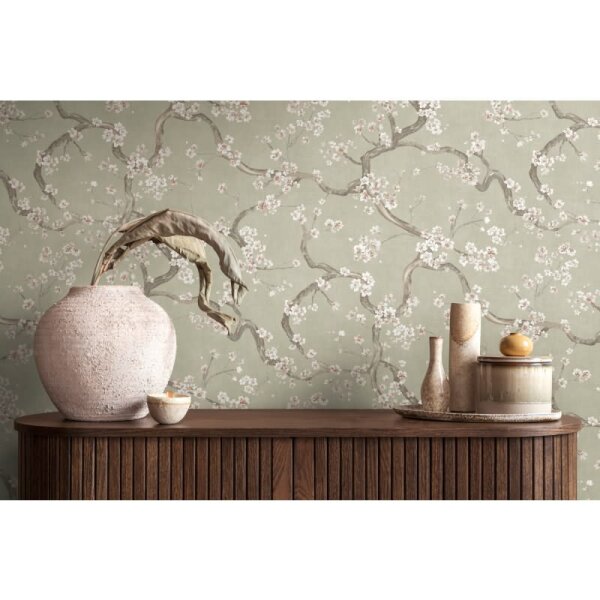 Blütenzweig Tapete floral Vintage Grün Weiß Rosa Vliestapete Kirschblüten (781991)