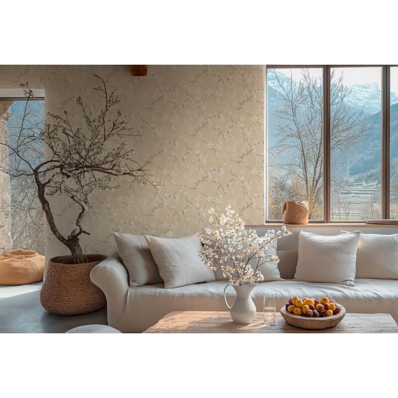 Kirschblüten Muster-Tapete Beige Weiß florale Vliestapete Vintage (781992)