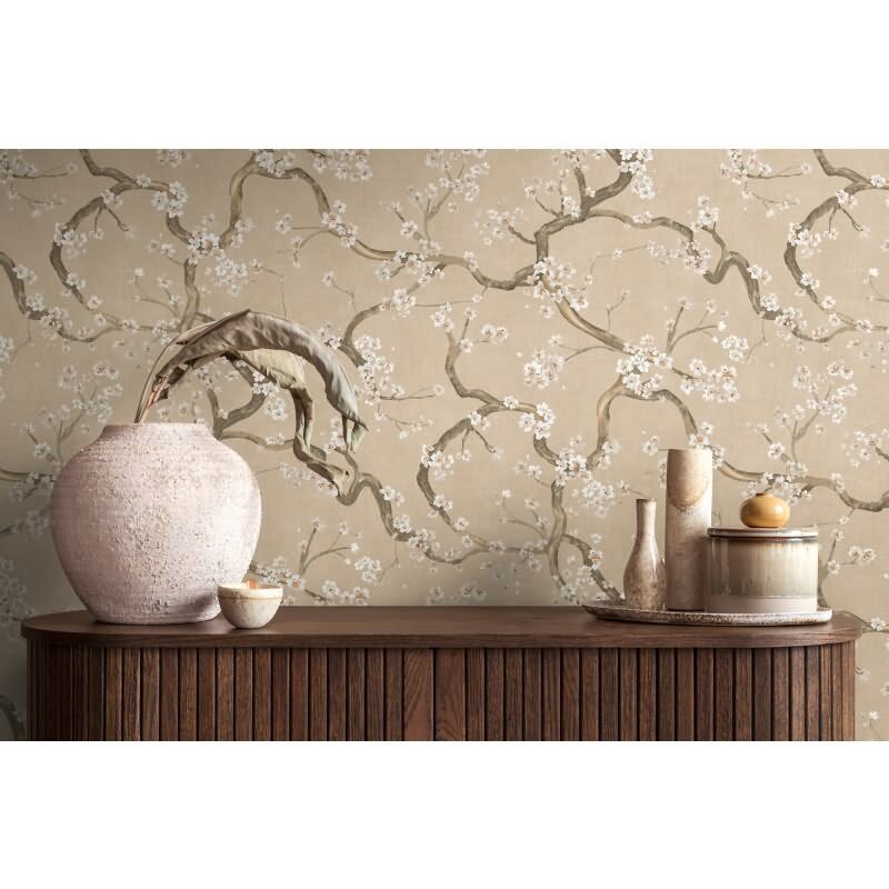 Kirschblüten Muster-Tapete Beige Weiß florale Vliestapete Vintage (781992)