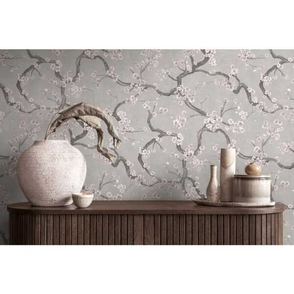 Vintage-Tapete Kirschblüten Vliestapete floral Vintage Grau Weiß Rosa (781993)