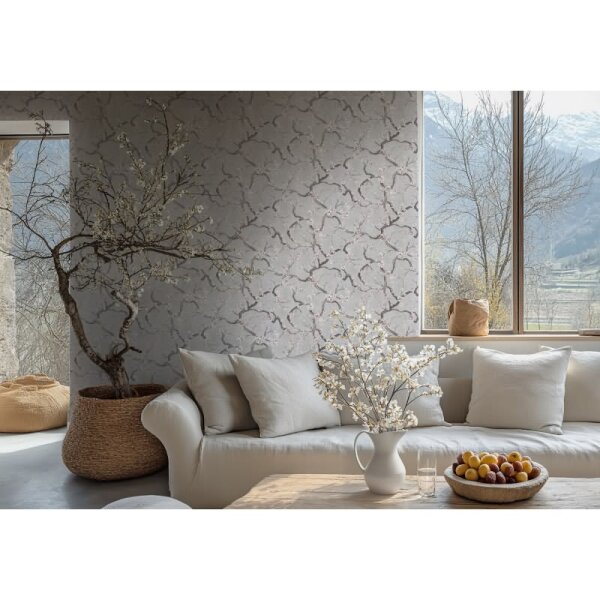 Vintage-Tapete Kirschblüten Vliestapete floral Vintage Grau Weiß Rosa (781993)