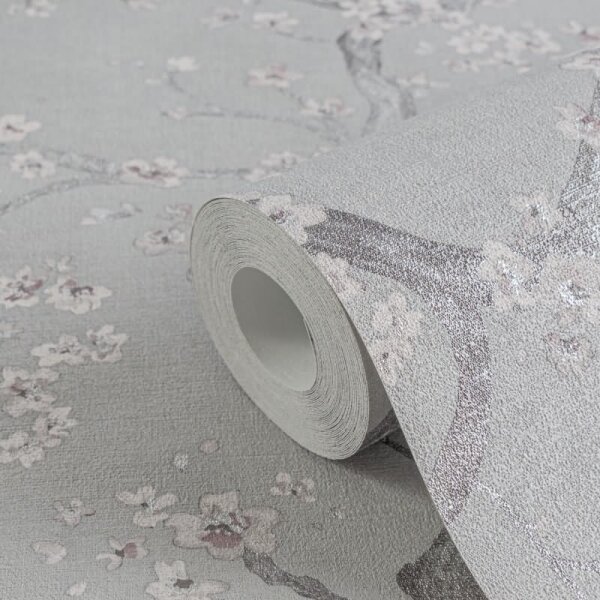 Vintage-Tapete Kirschblüten Vliestapete floral Vintage Grau Weiß Rosa (781993)