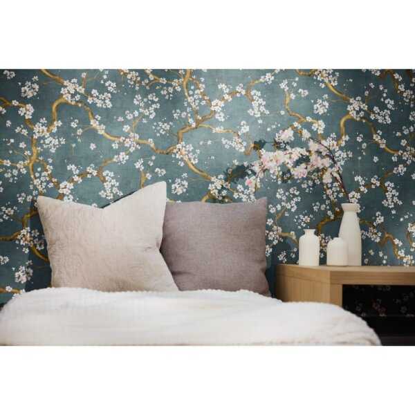 Blütenzweig Tapete Äste Dunkelblau Gold Metallic Weiß Design Vliestapete (781994)