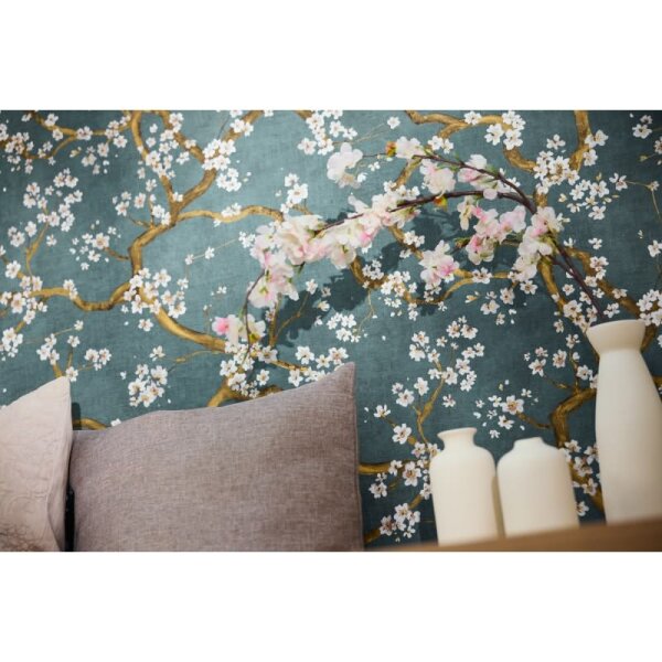 Blütenzweig Tapete Äste Dunkelblau Gold Metallic Weiß Design Vliestapete (781994)