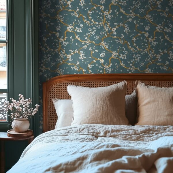 Blütenzweig Tapete Äste Dunkelblau Gold Metallic Weiß Design Vliestapete (781994)