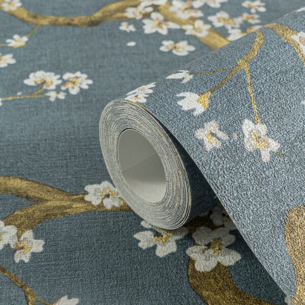 Blütenzweig Tapete Äste Dunkelblau Gold Metallic Weiß Design Vliestapete (781994)