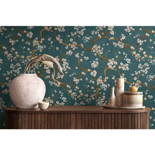 Blütenzweig Tapete Äste Dunkelblau Gold Metallic Weiß Design Vliestapete (781994)