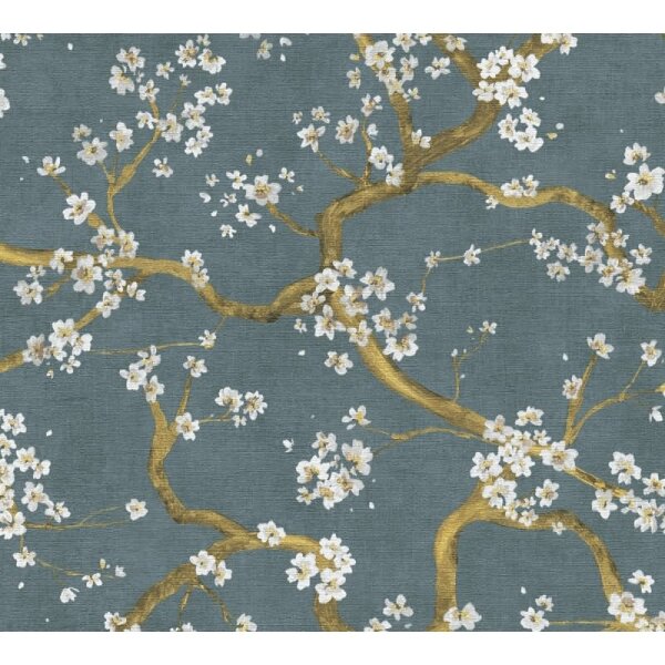 Blütenzweig Tapete Äste Dunkelblau Gold Metallic Weiß Design Vliestapete (781994)