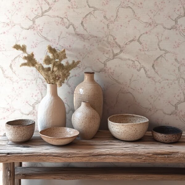 Kirschblüten Tapete Hellgrau Rosa Weiß Japanisches florale Vliestapete modern (781995)