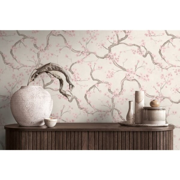 Kirschblüten Tapete Hellgrau Rosa Weiß Japanisches florale Vliestapete modern (781995)